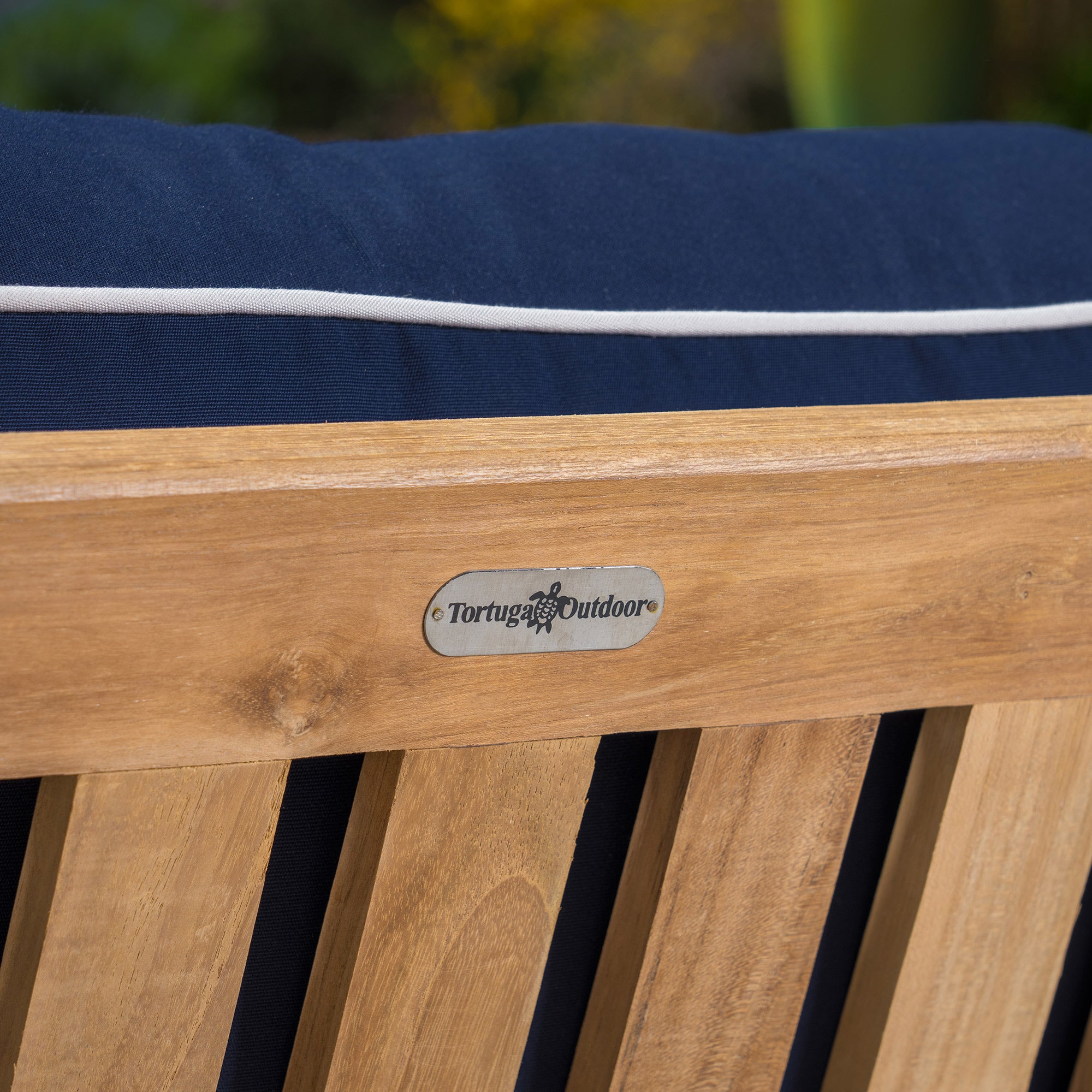 5pc Indonesian Teak Loveseat and Fire Table Set, Sunbrella Navy 5pc Indonesian Teak Loveseat and Fire Table Set, Sunbrella Navy