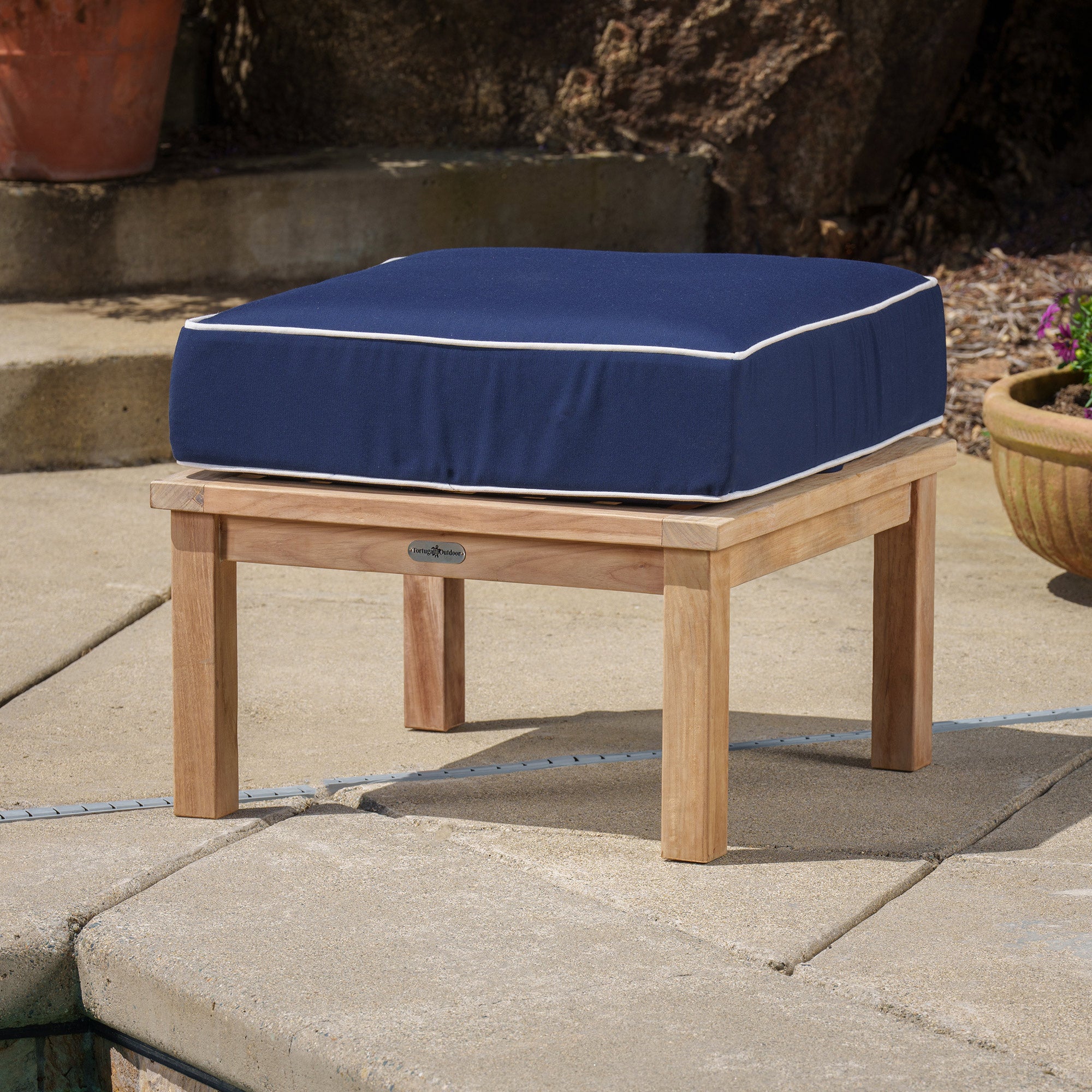 6pc Indonesian Teak Loveseat with Fire Table, 2 club chairs, 2 ottomans, Sunbrella Navy 6pc Indonesian Teak Loveseat with Fire Table, 2 club chairs, 2 ottomans, Sunbrella Navy