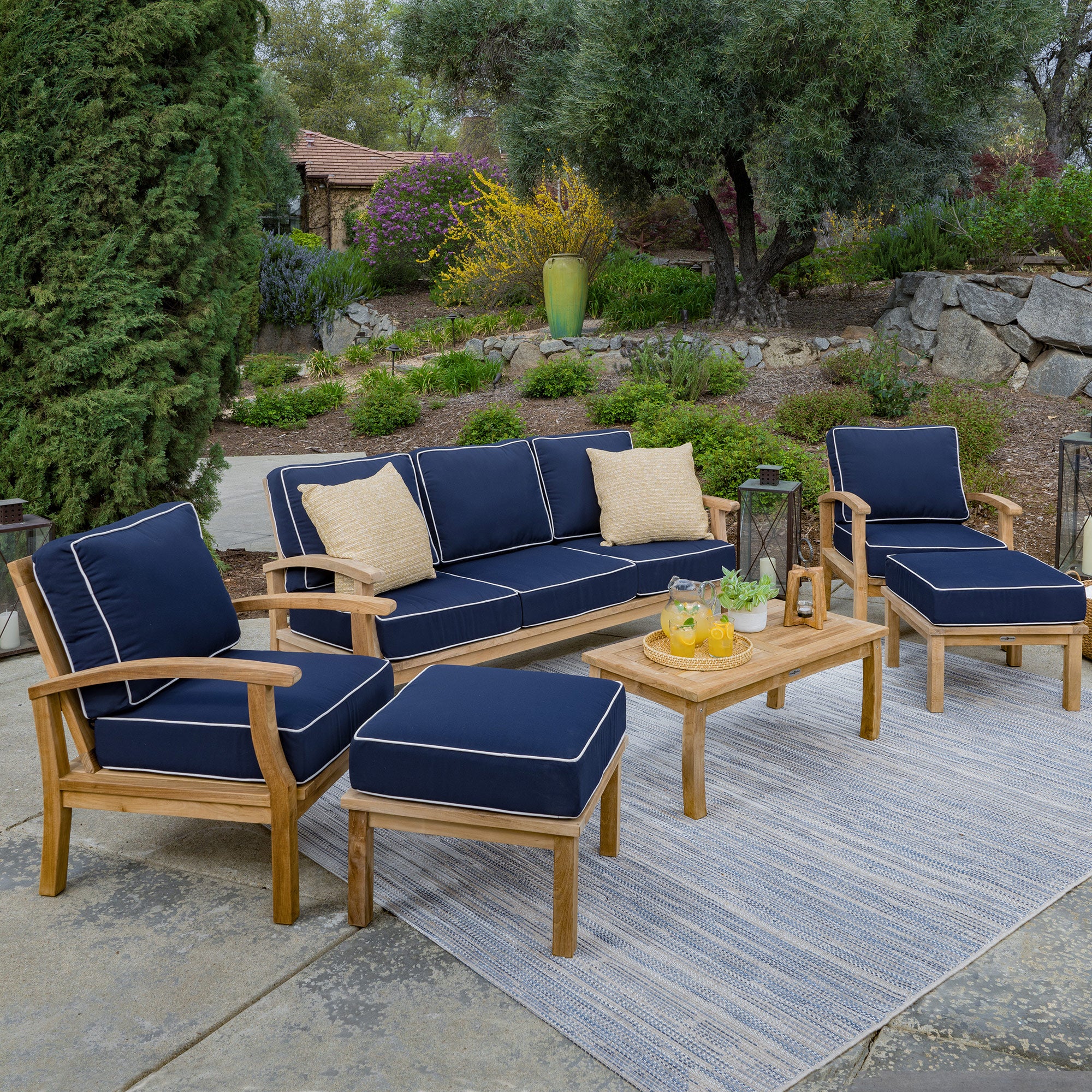 indonesian patio umbrellas 6pc Indonesian Teak Sofa Set with Coffee Table, 2 ottomans, Sunbrella Navy