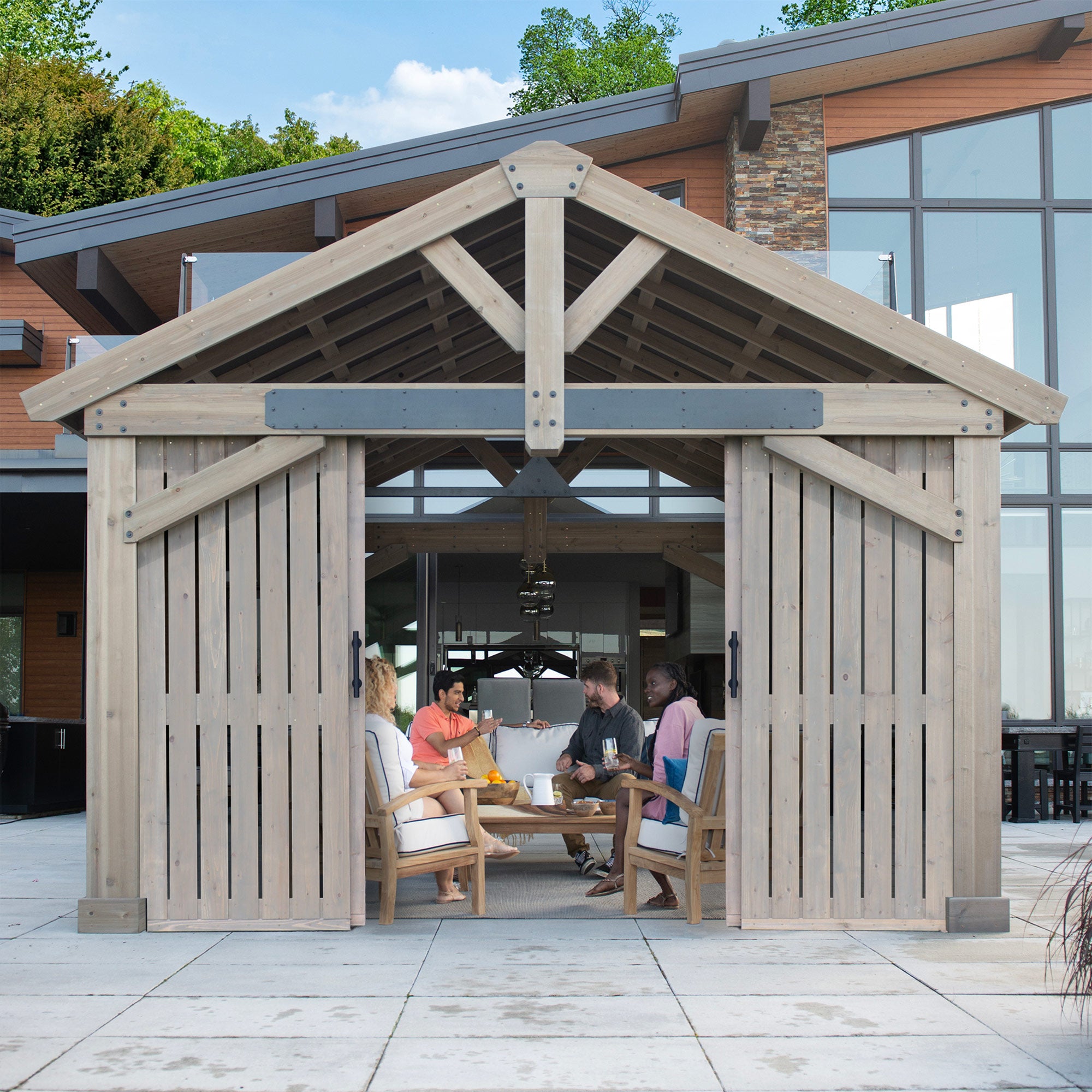 16 x 14 Timber Frame Pavilion Privacy Wall with Barn Doors (Costco) 16 x 14 Timber Frame Pavilion Privacy Wall with Barn Doors (Costco)