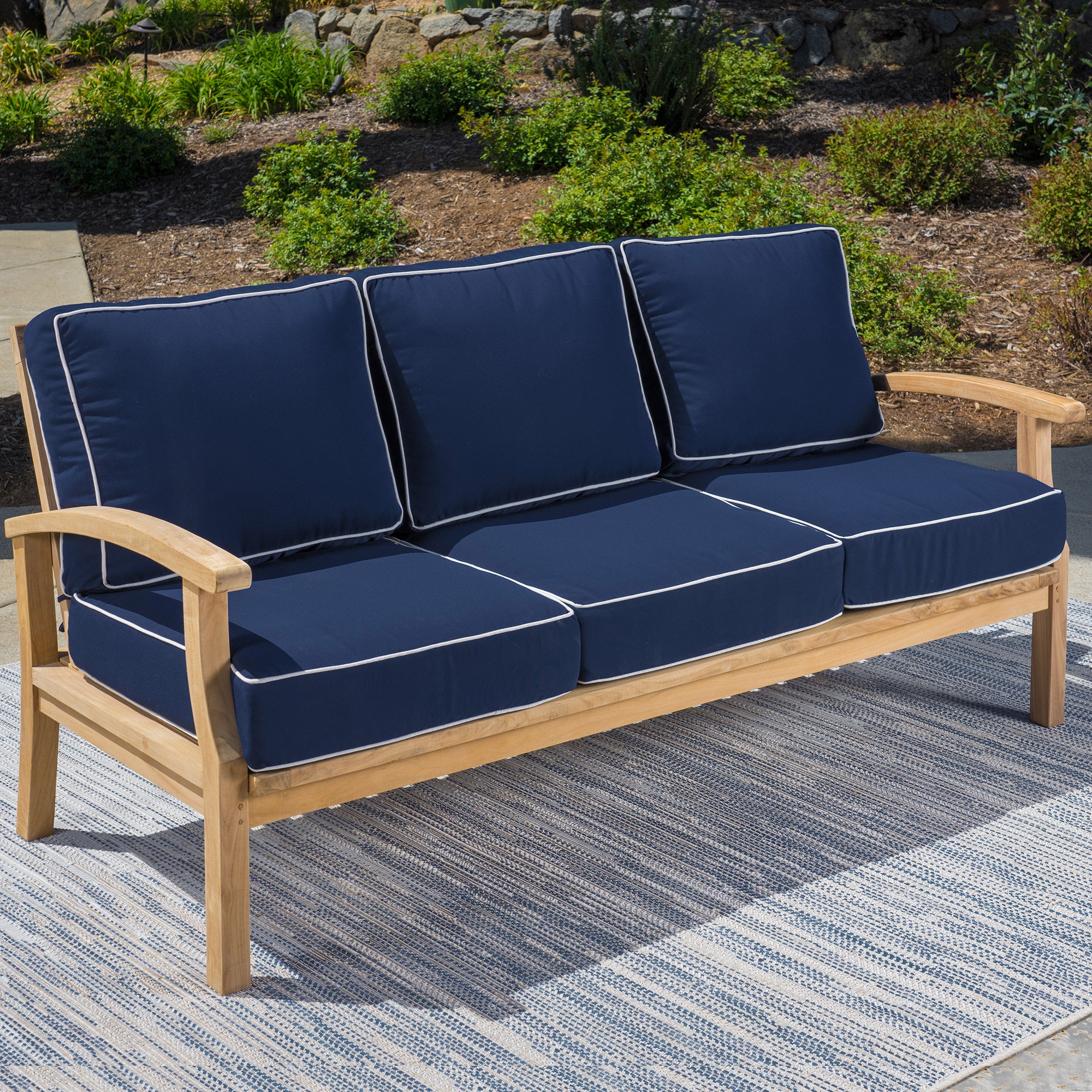 5pc Indonesian Teak Sofa Set, with Coffee and Side Table, Sunbrella Navy 5pc Indonesian Teak Sofa Set, with Coffee and Side Table, Sunbrella Navy