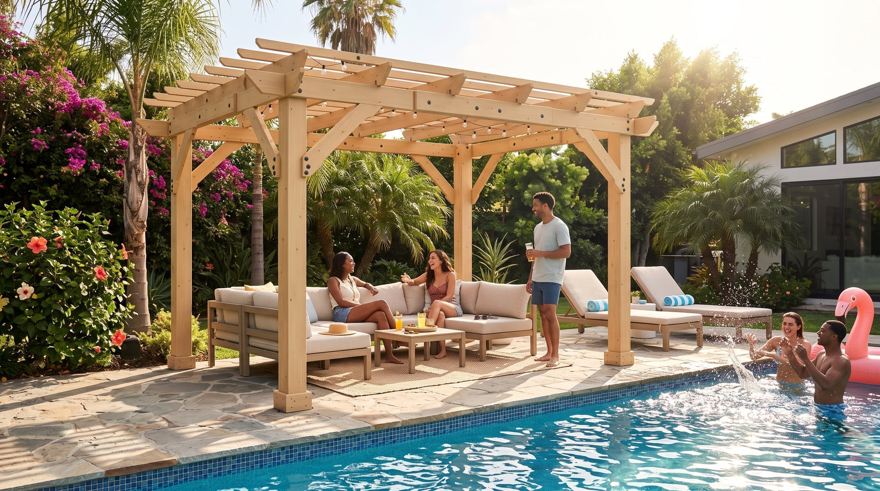 Friends relax beneath a Yardistry 10 x 12 Meridian Pergola while others enjoy a backyard pool.