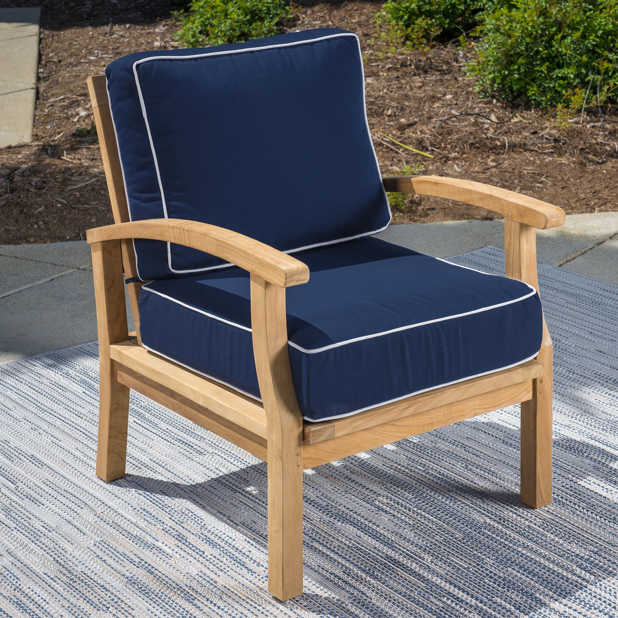 6pc Indonesian Teak Sofa Set with Fire Table, 1 ottoman, 1 side table, Sunbrella Navy