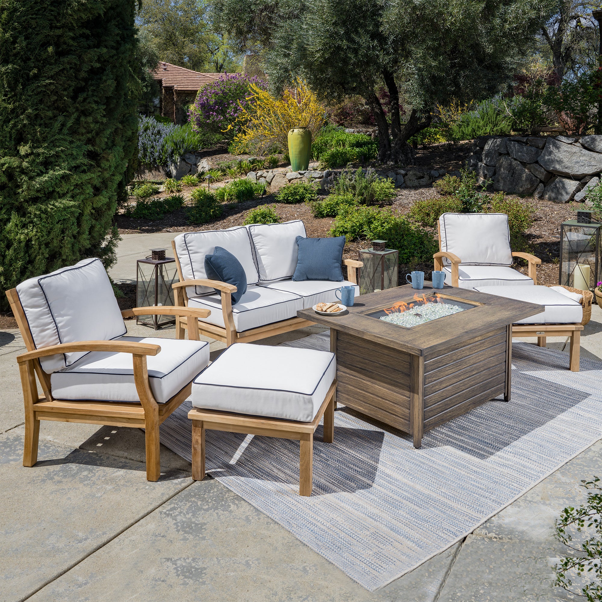 6pc Indonesian Teak Loveseat and Fire Table Set, Sunbrella Canvas