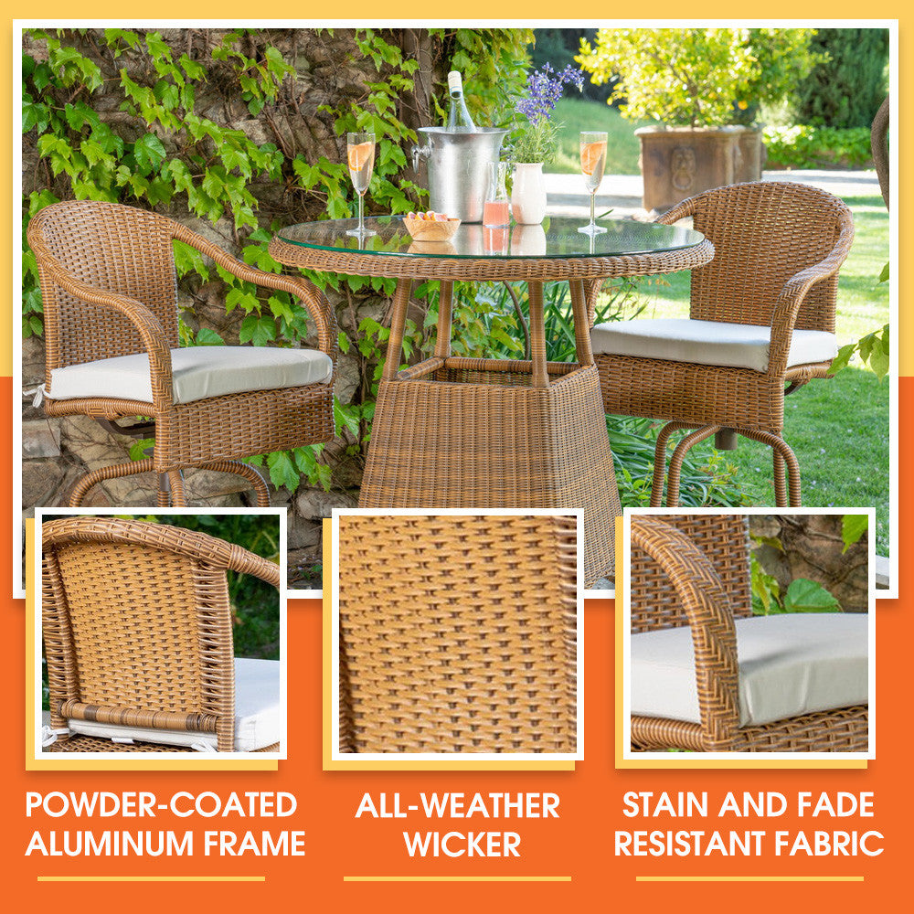 Sea Pines Outdoor Wicker 3pc Bar Set (Tortoise + Canvas)