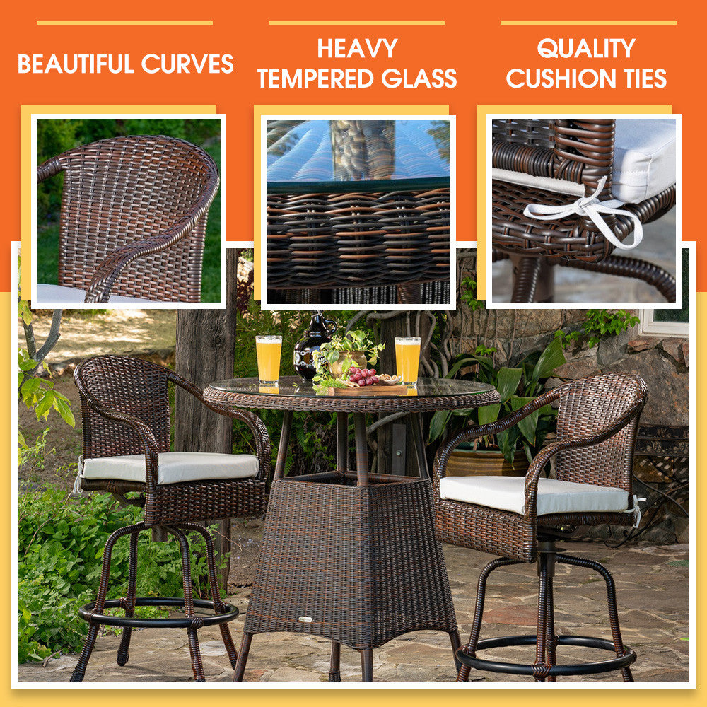 Sea Pines Outdoor Wicker 3pc Bar Set (Tortoise + Canvas)