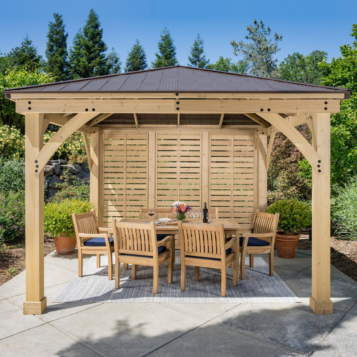 12 x 12 Meridian Gazebo Bundle with Privacy Wall and 7pc Teak Dining S