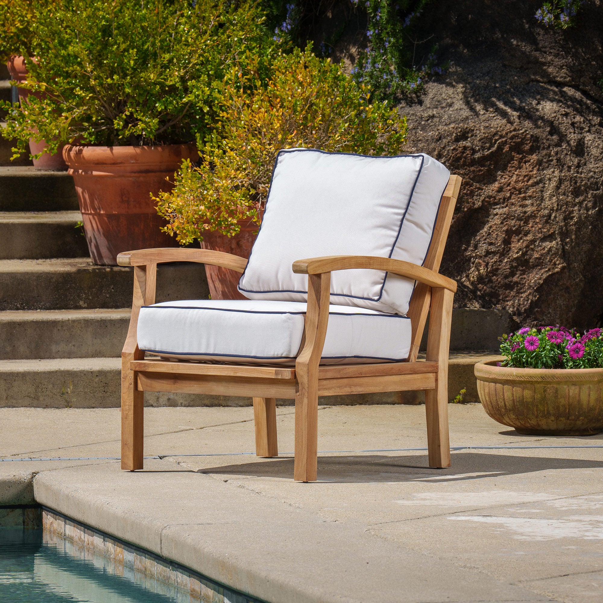 3pc Indonesian Teak Club Chair Set, Sunbrella Canvas (With Ottoman & Side Table)