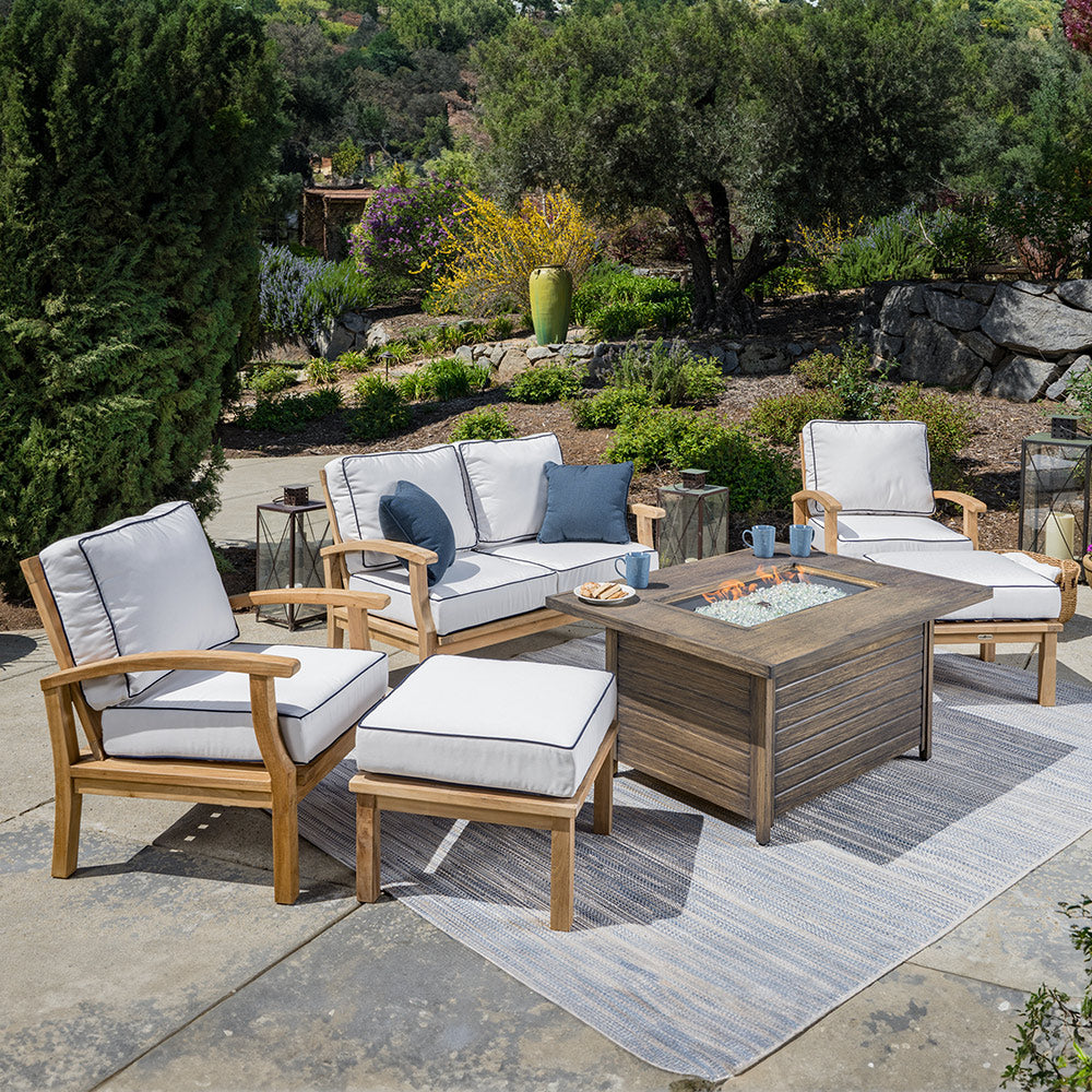 6pc Indonesian Teak Sofa Set, (Loveseat and Fire Table) Sunbrella Canvas