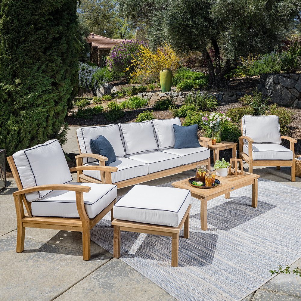 6pc Indonesian Teak Sofa Set, (1 Ottoman, 1 Side Table) Sunbrella Canvas